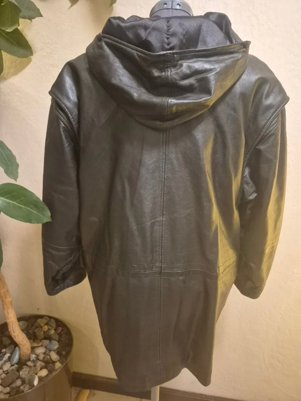 Vintage Izzi Black Leather Hooded Zip-Up Jacket Medium - Picture 3 of 8
